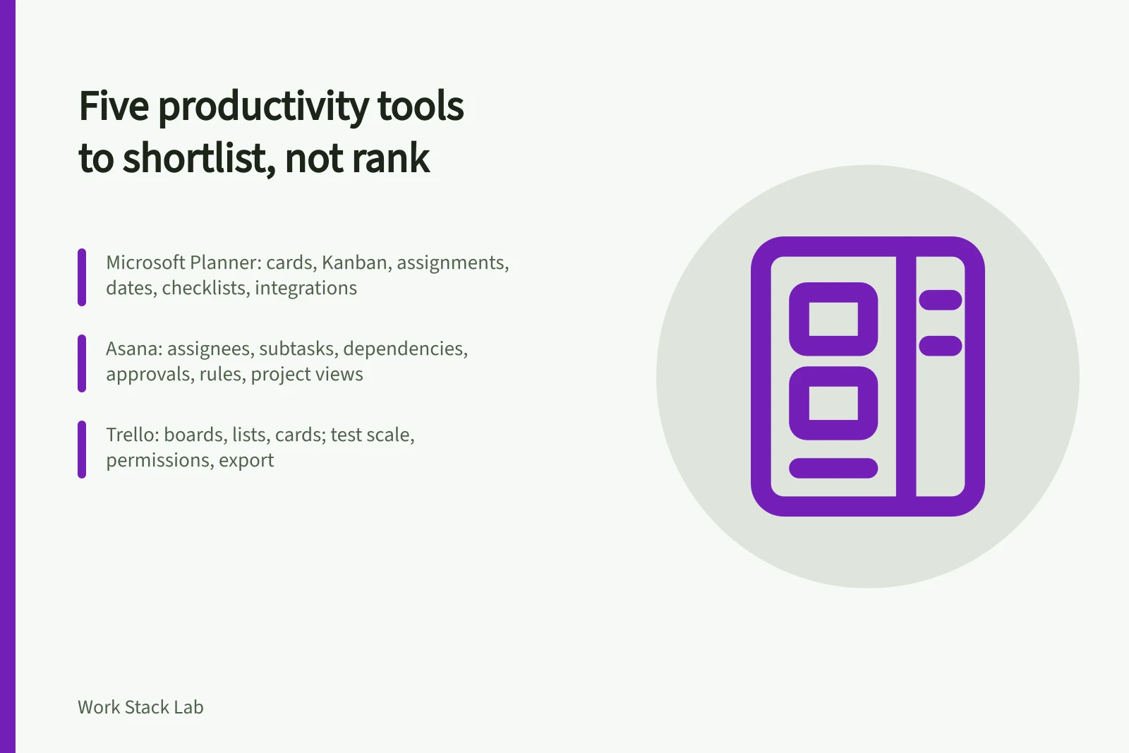 Card listing five productivity software records for non-ranked shortlisting