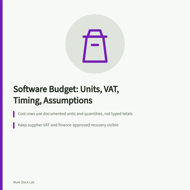 Card showing software budget template with units, VAT, timing and assumptions. A software budget template with units, tax, timing and an assumption sheet