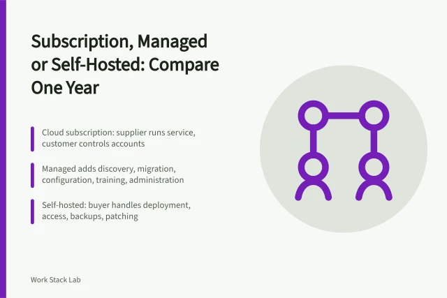 Comparison of subscription, managed and self-hosted productivity software cost and responsibility models. Subscription, managed or self-hosted productivity software over one worked year