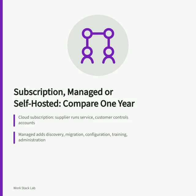 Comparison of subscription, managed and self-hosted productivity software cost and responsibility models. Subscription, managed or self-hosted productivity software over one worked year