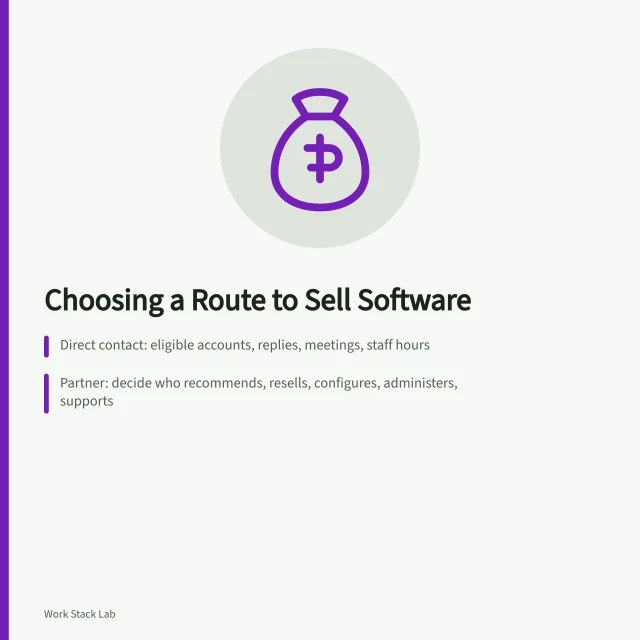 Card comparing direct, partner and public-sector software sales routes. Business productivity software: choosing a direct, partner or framework route