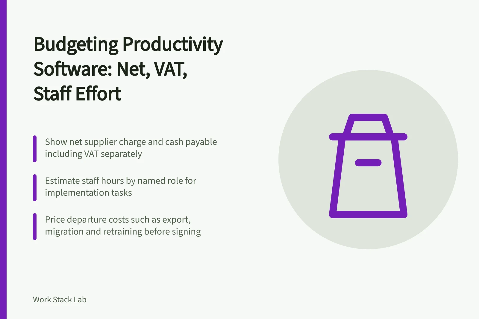 Budgeting productivity software: net, VAT, staff effort, departure costs