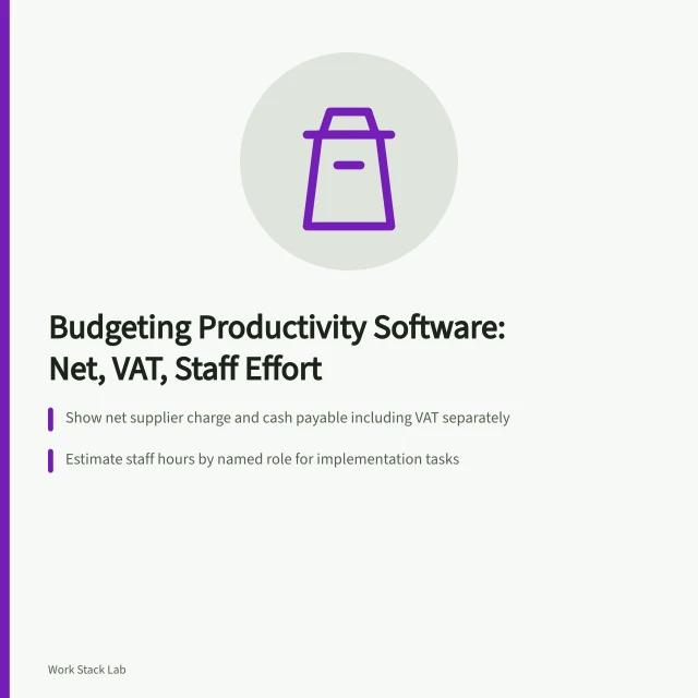 Budgeting productivity software: net, VAT, staff effort, departure costs. Budgeting for productivity software means pricing the end at the beginning