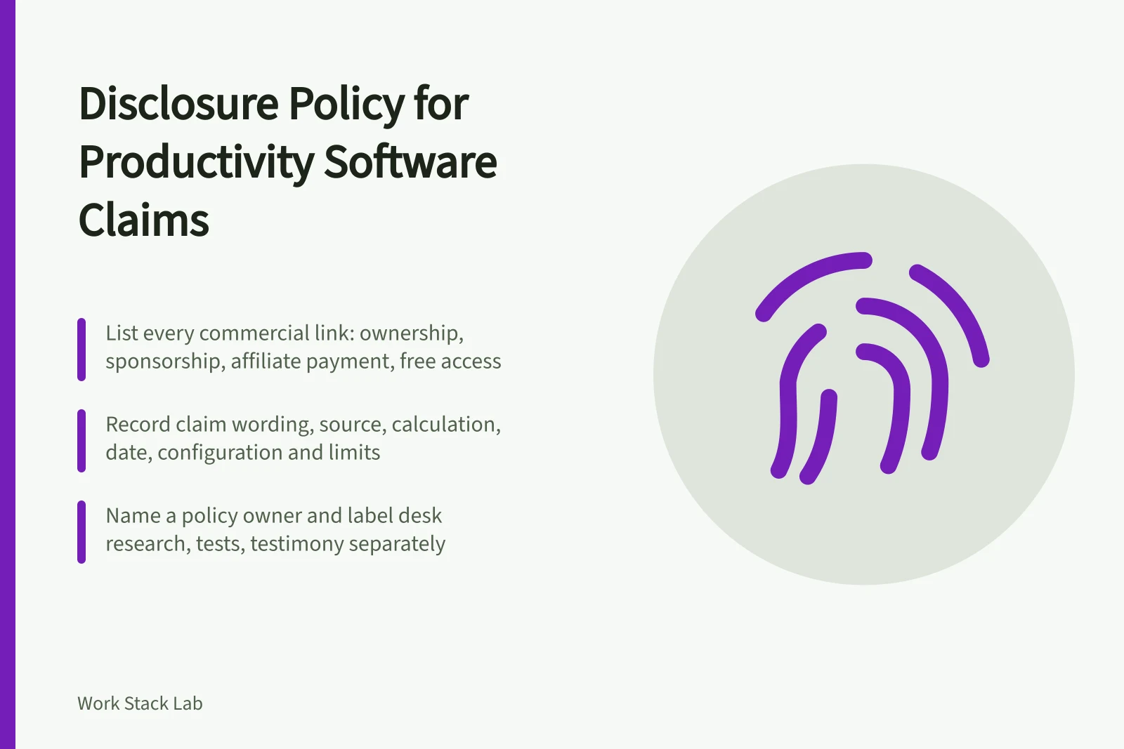 Card outlining disclosure policy rules for productivity software claims and reviews