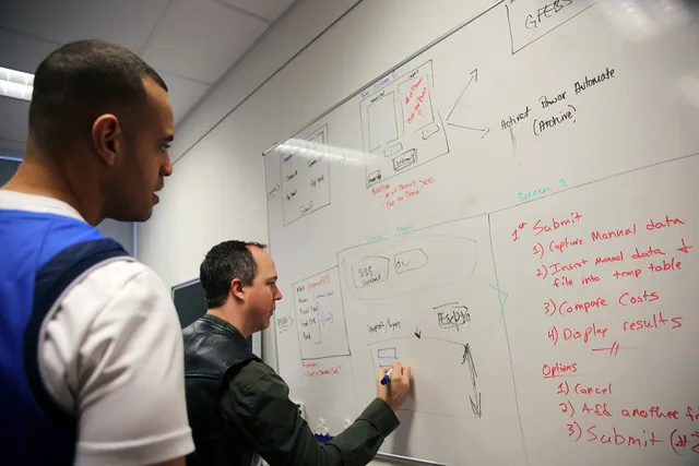 Nathan Slack,(right), Chief Data Officer, 2d Theater Signal Brigade, discusses details regarding the Resource Management Directorate's Invoice Project with U.S. Army Sgt. Malcolm Pope, (left), Data Officer, 2d Theater Signal Brigade, during a software development workshop November 22, 2024 at USAG W. Paid identities, seat bands and other productivity software costs that get missed