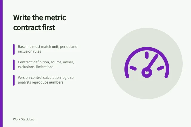 Metric contract card: baseline rules, contract fields, versioned calculation logic. Measure productivity software with a metric contract and a baseline you can revisit