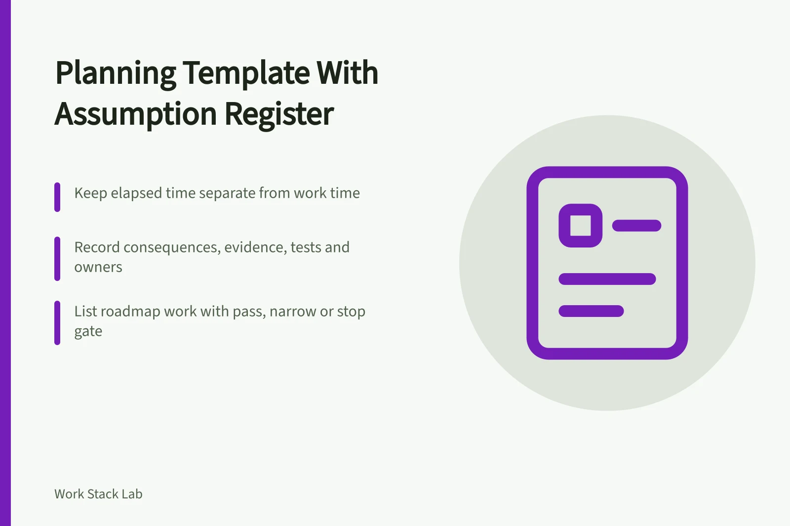 Planning template card with assumption register and decision gates