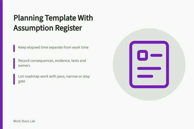 Planning template card with assumption register and decision gates. A productivity software planning template with an assumption register and decision gates