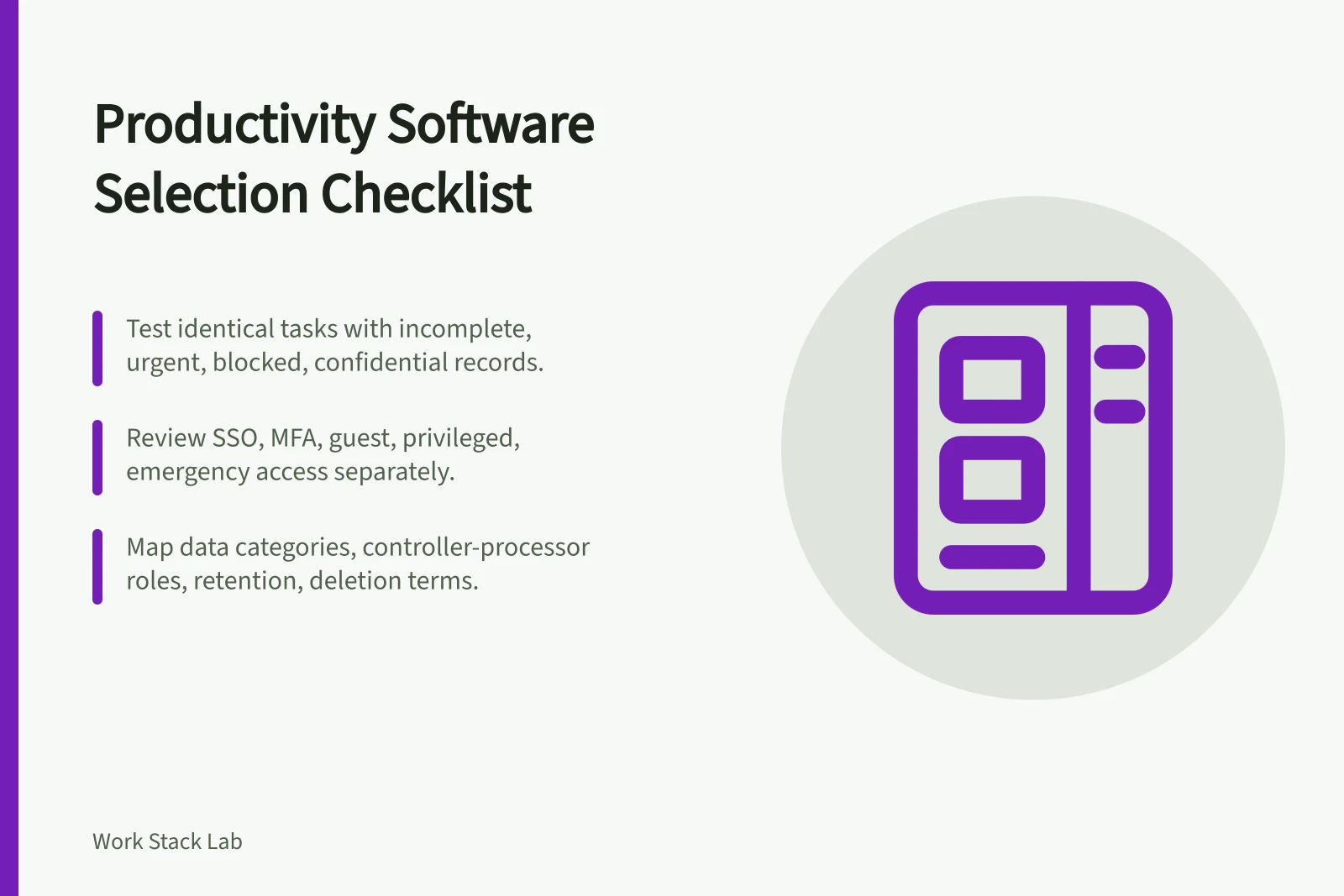 Checklist for selecting productivity software with workflow, security, and data terms.