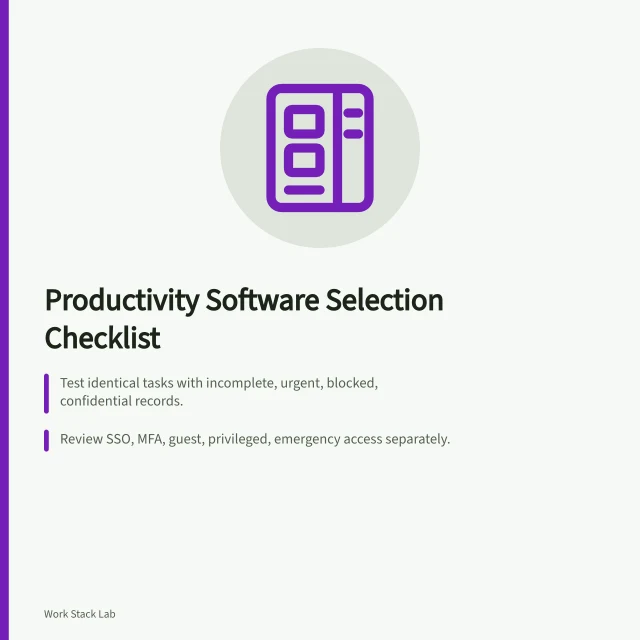 Checklist for selecting productivity software with workflow, security, and data terms. Selecting productivity software, from workflow fit to export and exit