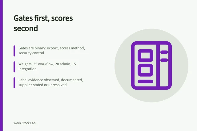 Card on separating binary gates from weighted scores in software selection. Separate gates from scores when selecting productivity software