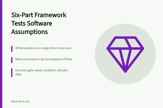 Six-part strategy framework card testing productivity software assumptions. Six parts of a strategy framework that expose weak productivity software assumptions