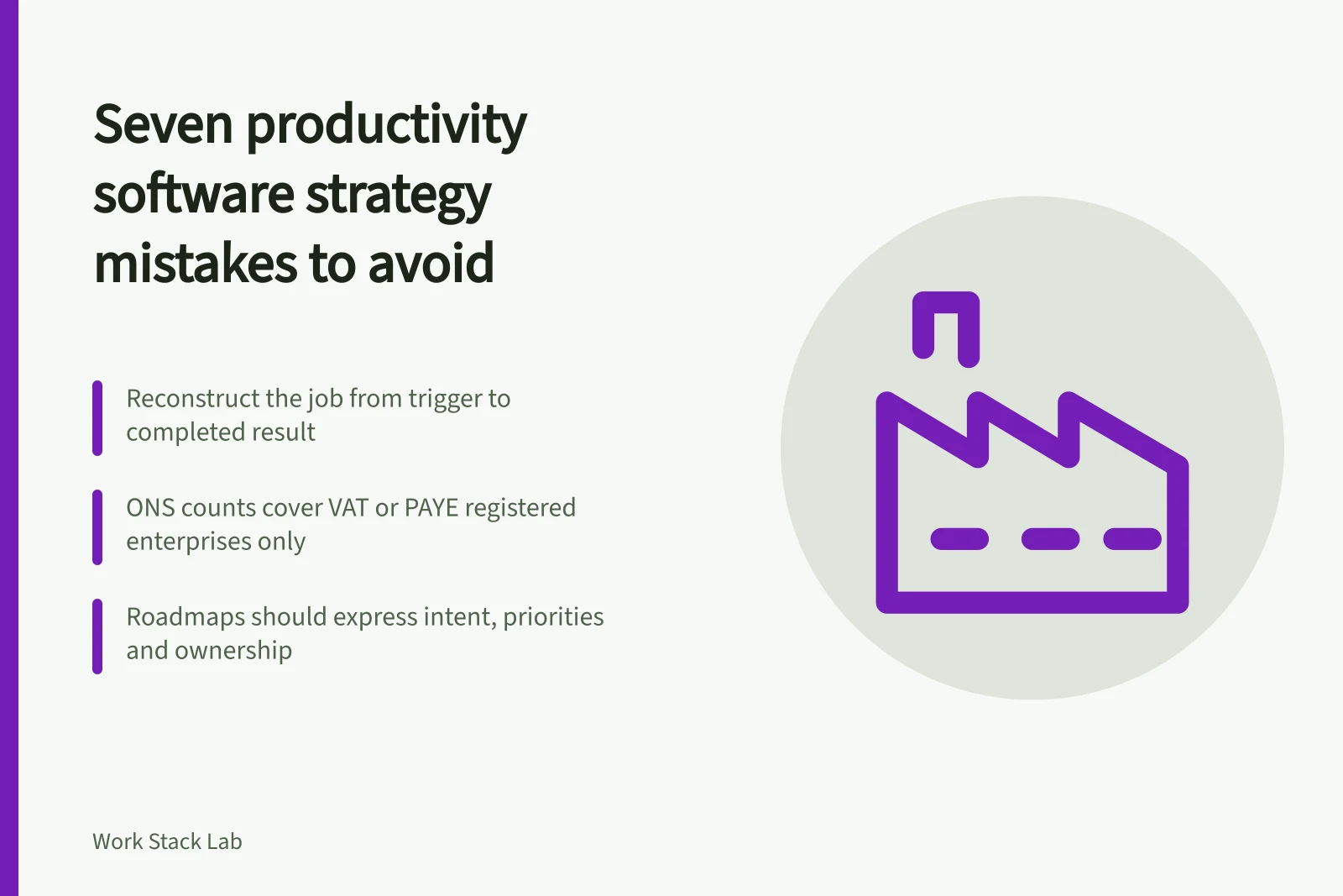 Card listing seven productivity software strategy mistakes and key evidence criteria