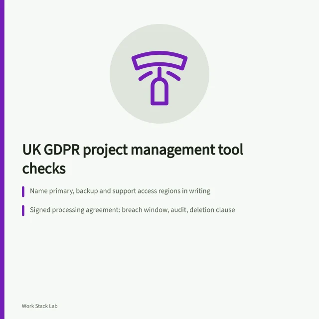 Checklist card for UK GDPR project management tool compliance evidence. GDPR compliant project management tools UK: which ones pass?