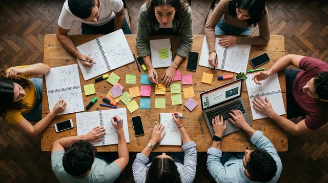 eam, workshop, office, collaboration, sticky notes, planning, strategy, brainstorming, table, overhead, people, working, laptop, notebooks, creativity, business, meeting, together, analysis, group, ai generated. Business software: checks before choosing a form tool