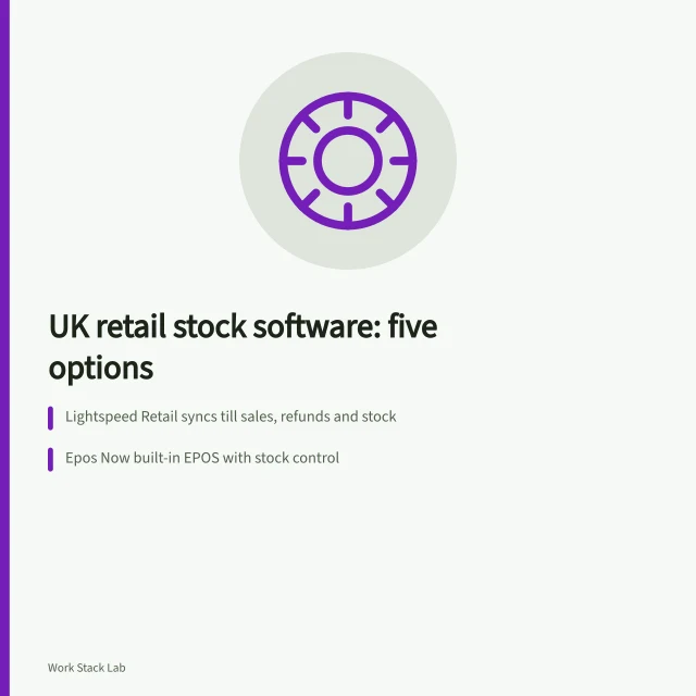 Card comparing five UK inventory software options for EPOS and VAT. Inventory management software for UK retailers: 5 options compared on EPOS, VAT and warehouse needs