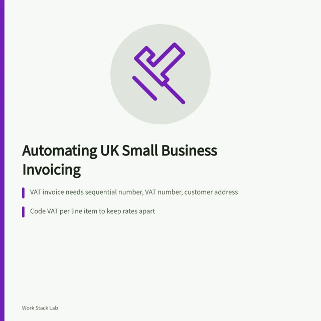 Card outlining invoice automation steps for UK small businesses. Invoice automation for UK small businesses: how to cut admin time